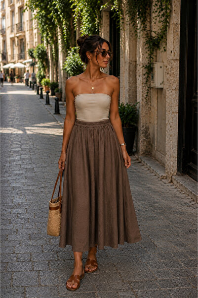 EREN STYLE Italian Linen Flared Skirt with Elastic Waist (Length: 110 cm)