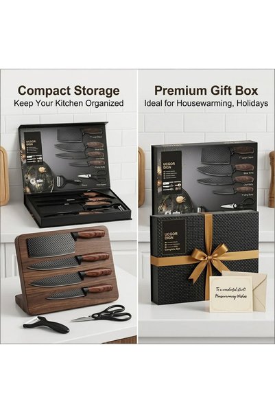 OSOOKE Kitchen Knife Set 6-Piece, Professional Chef Knife Set with Non-Stick Black Coating, Ergonomic Handles, Cleaver, Slicing, Utility Knives, Scissors & Peeler for Home Cooking and Daily Food Prep