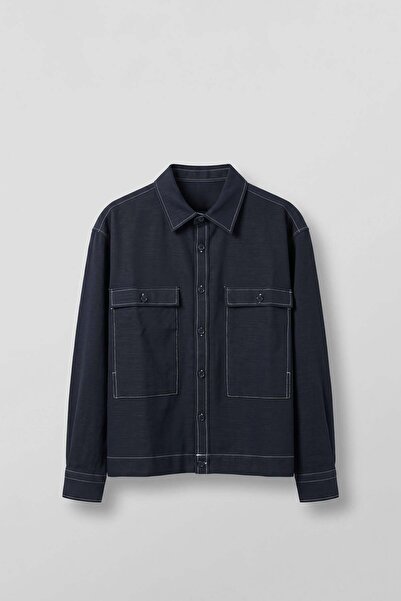 ablukaonline Men's Boxy Fit Contrast Stitched Cotton Overshirt Shirt Navy Blue