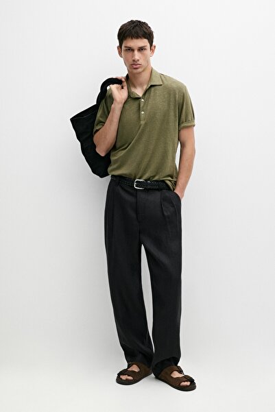 Massimo Dutti %100 keten kısa kollu polo yaka t-shirt