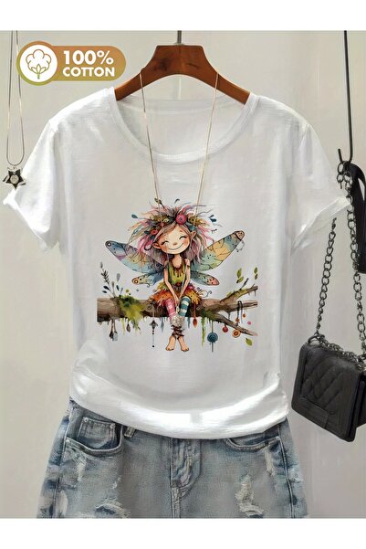 121 Women's Enchanting Watercolor Print T-Shirt - Short Sleeve, Round Neck fo...