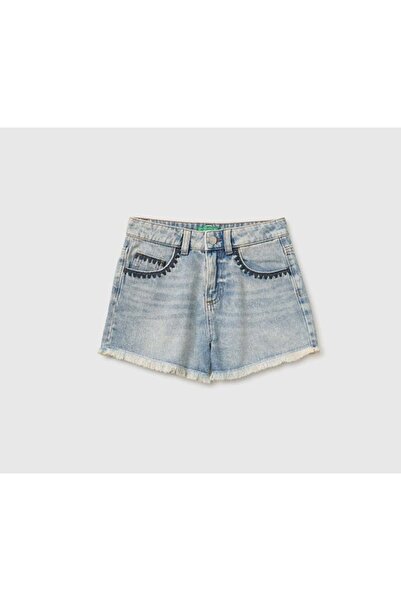 United Colors of Benetton Embroidery Detailed Girls' Jean Shorts 6-14 Years Blue