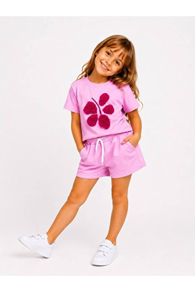 kr kids Girl's Pink Floral Detailed Shorts Set Summer 2-Piece Set