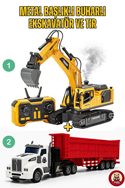 Toy Remote Control Metal Head Steam Excavator and RC Truck Set Rechargeable Full Function Work Machine Toy Set