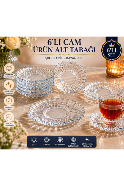 SUDELA 6’lı Şeffaf Cam Çay Kahve Altlığı – Vintage Desenli Sunum Tabağı – İkr...