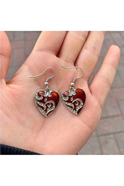 Corvus kolye&bileklik Red Embroidered Rhinestone Heart Earrings
