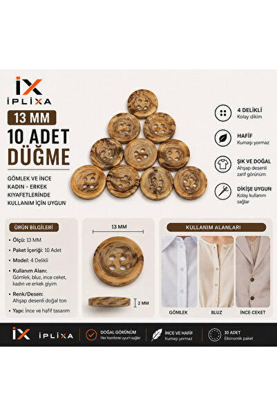 İPLİXA 13mm Ahşap Desenli Gömlek Düğmesi 10 Adet | Dayanıklı Şık Dikiş Düğmesi