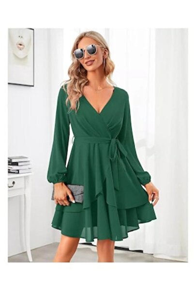 Jiraewh Rochie elegantă de vară tip wrap, cu talie înaltă și curea, mâneci lu...