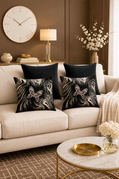 HOMESSA Black Gold Marble Butterfly 4-Piece Throw Pillow Cover Set