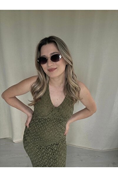 AlisBoutique Yakadan Bağlamalı Ajurlu Bikini Üstü File Elbise