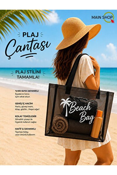 MAİN SHOP Large Size Beach Bag Black Transparent Sea Beach Bag M-Plj02