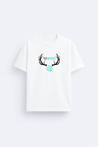 cesita True Detective Printed Crew Neck White T-Shirt