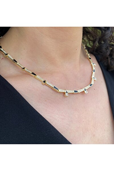 milayk Siyah Gold Minimal Geometrik Detaylı Kolye