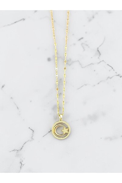Nur atelier Ay Yıldız Gold Renk Taşlı Kadın Kolye Minimal Şık Tasarım
