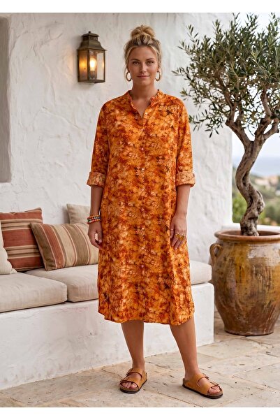 Chiccy Orange Hakim Collar Long Sleeve Patterned Buttoned Casual Viscose Wove...