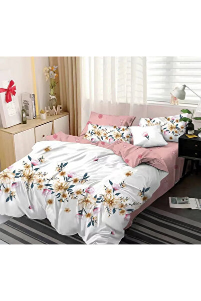 Sky Home Set de lenjerie de pat Finet 6 piese, Alb/Roz cu Floricele - KY12