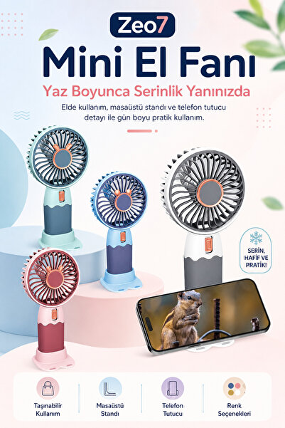 Zeo7 USB Şarjlı Mini El Fanı, Fırçasız Motorlu Masaüstü Standlı Telefon Tutuc...