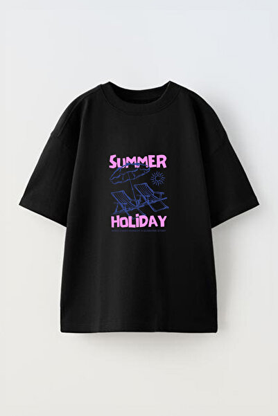 Anetos Tricou oversize negru din bumbac cu imprimeu frontal Summer Holiday De...
