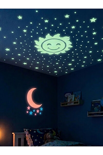 mucit home Güneş Ay Figürlü Renkli Yıldızlı Fosforlu Duvar Süsü Gece Parlayan