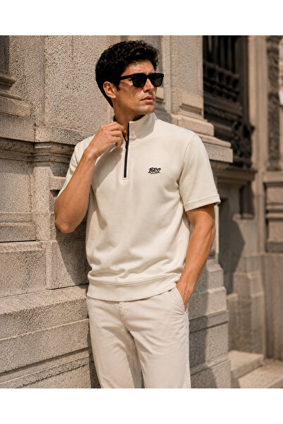 BAROS Oysho Fabric Stand Collar Half Zipper Injection Printed T-Shirt