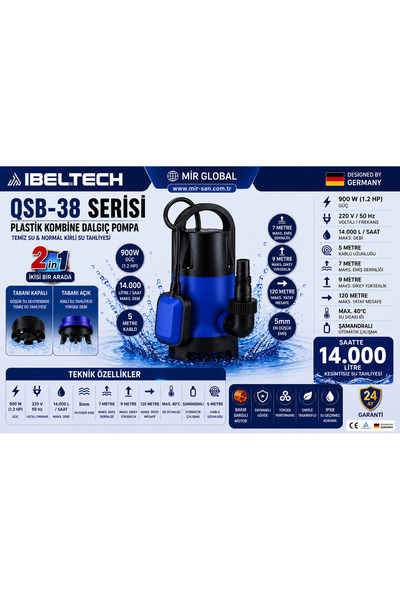 İBELTECH 900W 1.2 Hp Kombine Dalgıç Pompa 2’si 1 Arada Şamandıralı 14.000 L/S...