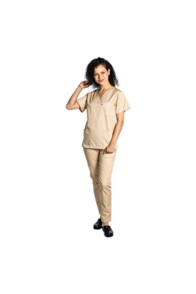 RUNI Cream Elastane medical suit with V-neck blouse and cream drawstring pants