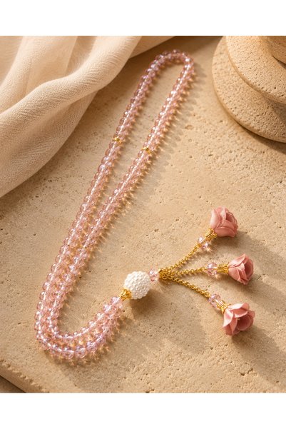 thesmt studio Pink Crystal Glass Beaded Rose Prayer Beads 99 Pieces