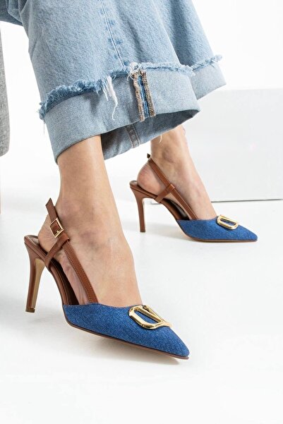 TrendWalk Navy Blue Code Look Gold Buckle Stiletto 9cm Heel