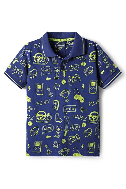 Pine kids Cotton Knit Half Sleeves Printed Polo T-Shirt - Navy Blue
