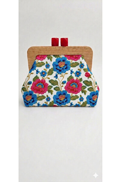 handedizayn Kır Çiçekli Desenli Ahşap Burslu Zincir Askılı Clutch Omuz Çantası