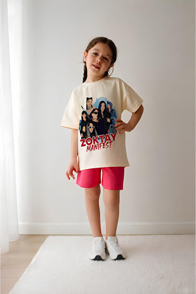 Belya Kids Wear Girl's Oversize Cotton Mani Zoktay Design25 Shorts Set with B...
