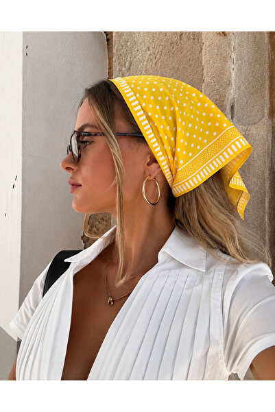 AGAPI Sarı Puantiyeli Pamuklu Kaymaz Bandana Fular 55x55 cm Retro Saç Bandanası