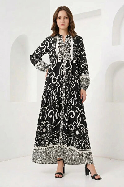 Şeker Portakalım Women's Authentic Patterned Viscose Black Hijab Dress