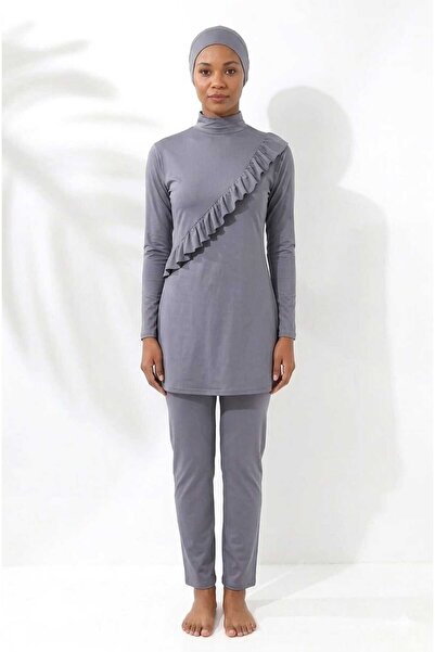 SUERTO Gray Long Sleeve Ruffled Knitted Stretchy Pants Hijab Swimsuit Set