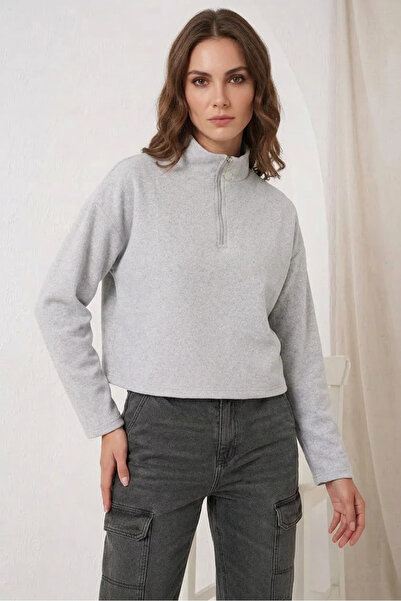 Şeker Portakalım Women's Zippered Collar Cotton Gray Sweatshirt