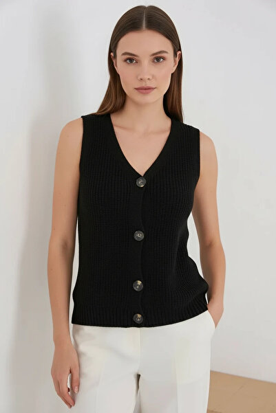 Efnaz style Women's V-Neck Buttoned Knitwear Black Vest