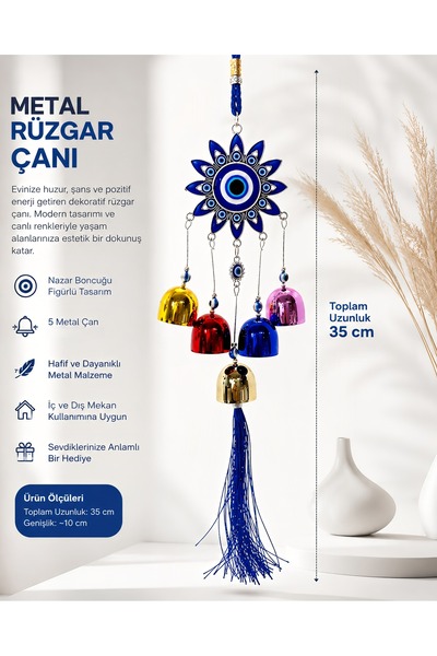 Wolawood Metal Rüzgar Çanı Nazar Boncuklu Dekoratif Kapı Duvar Süsü 35 CM Şık...