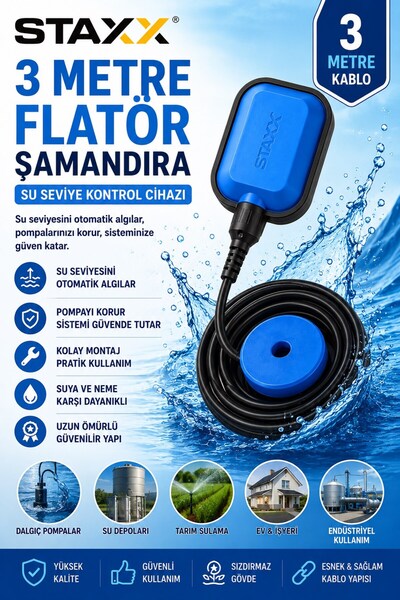 STAXX POWER 3 Metre Flatör Şamandıra Su Seviye Kontrol Flatörü Dalgıç Pompa v...