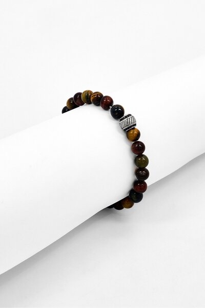 Steeltime Men Red Tiger Eye Simulated Diamonds Beaded Bracelet, Multicolor
