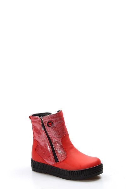 MirgeShoes Kırmızı Unisex Çocuk Fermuarlı Bot İçi Kürklü Dışı Hakiki Deri MRG...