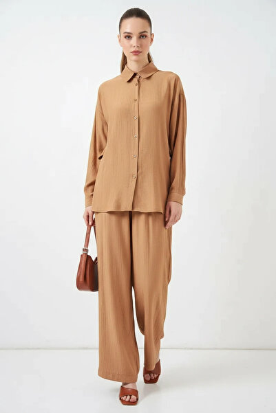 buğrahayalin Women's Shirt Collar Textured Viscose Camel Double Set