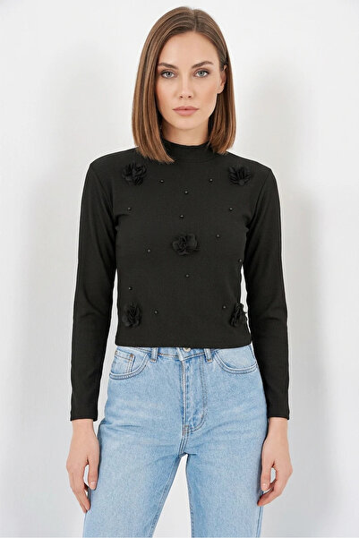 buğrahayalin Women's Turtleneck Floral Black Blouse