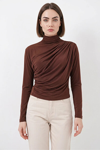 buğrahayalin Women's Turtleneck Gathered Light Brown Blouse