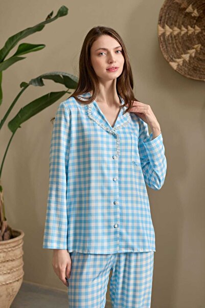 Lohussa New Season Women's Blue Plaid Lace Detailed Front Buttoned Special De...