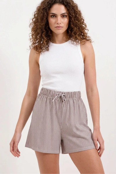 buğrahayalin Women's Gathered Waist Striped Viscose Brown Shorts