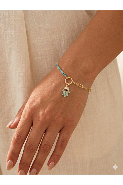 FOR YOU TAKI by Ezgi Women's Gold Fatma Ana Hand Figured Turquoise Stone Wate...