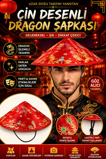 Tamsena Store Kırmızı Çin Desenli Dragon İşlemeli Uzak Doğu Parti Şapkası Las...