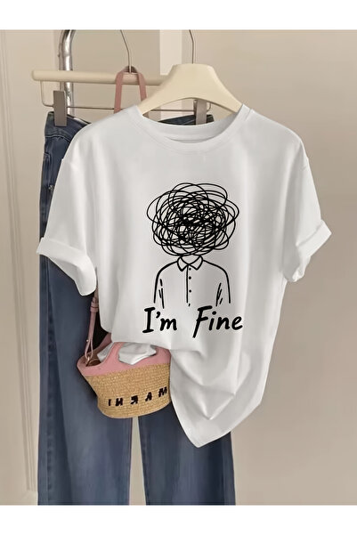 121 مقاس كبير - مقاس كبير - مقاس كبير "I'M Fine" تي شيرت بطبعة رأس مكتوب عليه...