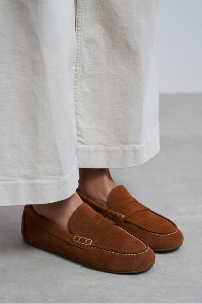 NİŞANTAŞI SHOES Jery Taba Hakiki Süet Deri Yuvarlak Burun Düz Taban Kadın Penny Loafer Ayakkabı