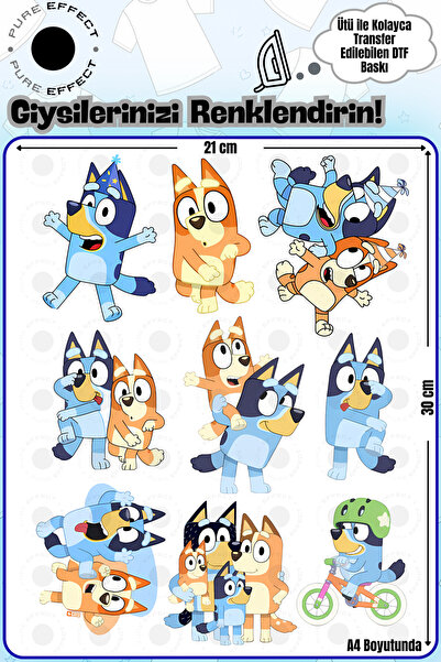 PURE EFFECT A4 Boyutunda Ütü ile Kumaşa Yapışan Bluey - 1 Tasarımlı DTF Baskı